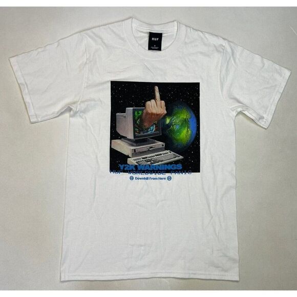 HUF Worldwide Panic Y2K Warning Computer T-shirt Men Small White Short Sleeve - Picture 1 of 6